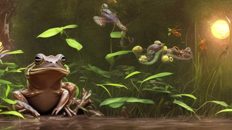 screenshot of a smartphone game, horizontal display, start screen, rear shot of a stylized and happy young brown frog with black stripes in its natural habitat at sunset, plain with wetlands, ravines, river with water hyacinth, ceibos and willows, dragonflies, beetles, dewdrops, melancholic and dreamy atmosphere, digital art