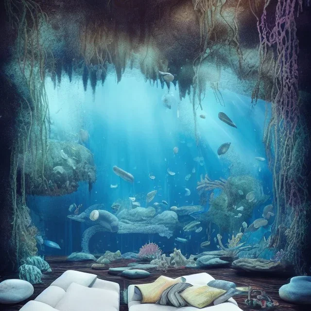 a gorgeous, stunning underwater room with white couch on dark wood floor, stones and foliage in room, ocean marine life behind glass wall, 8k resolution, high-quality, fine-detail, iridescent, intricate, digital art, detailed matte, volumetric lighting, illustration, 3D octane render, brian froud, howard lyon, selina french, anna dittmann, annie stokes, lisa parker, greg rutowski, George Grie, Ben Goossens, Igor Morski