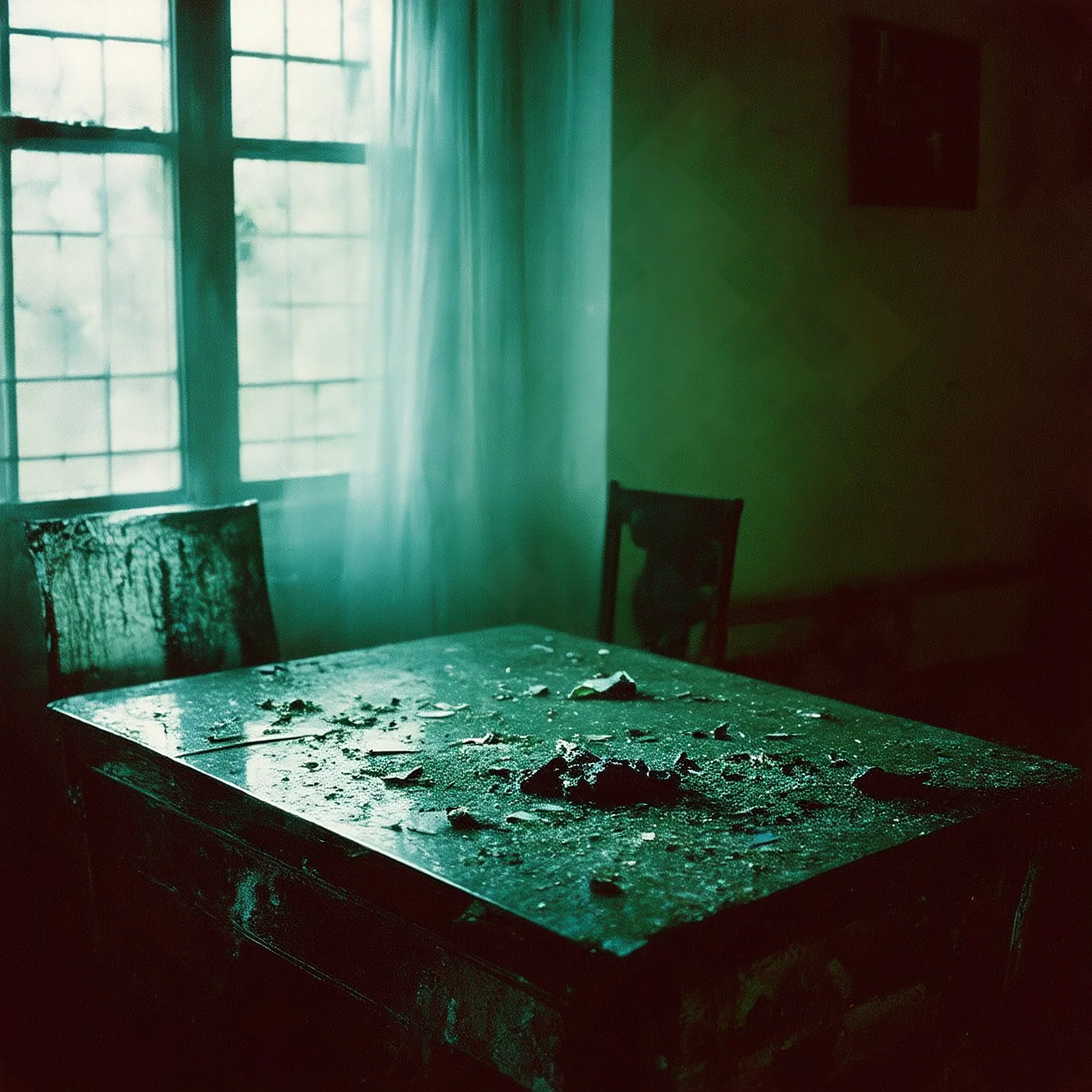 Close up polaroid photography of spooky room, eerie, table, Max Ernst, hypnotic, obsessive, hypermaximalist, colors, details of the table very accentuated, filthy pieces of dismebered body, strong contrasts and dynamism