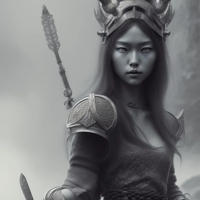 a Photorealistic dramatic hyperrealistic japanese woman vikings paint ,Crystal black eyes, elegant,Artgerm, Beautiful dynamic,shadows,Artstation,concept design art,Octane render,8K, bw