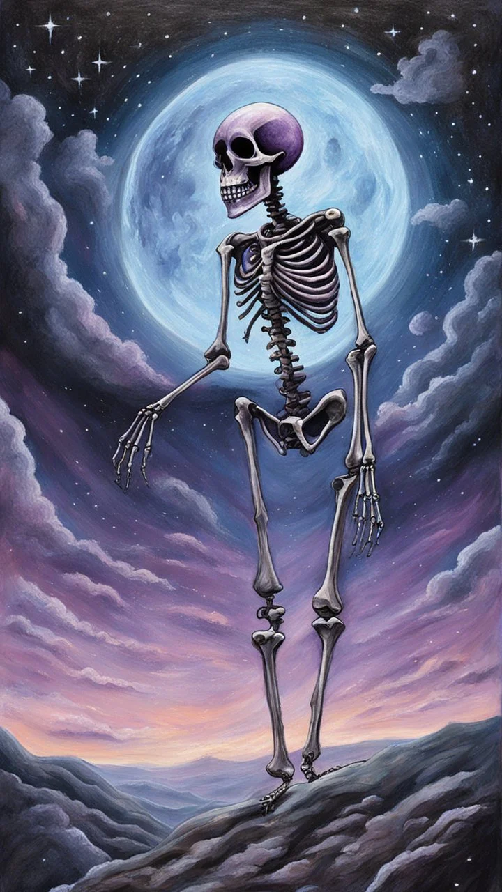A pastel painting of a skeleton on a hilllookin into the night sky. A nebular in the sky. Painting. Purple colours. Blue colours. Colorful.Pastel colours. Masterpiece.