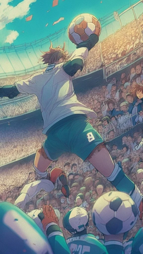 anime soccer goalkeeper saving the ball, crowded stadium in the background