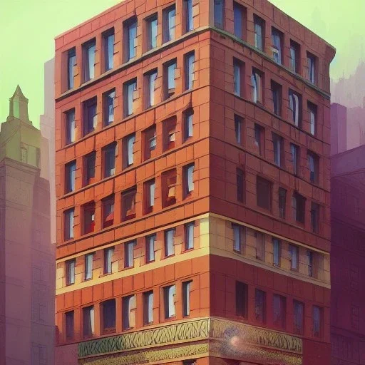 Artdeco german Architecture building brick building with glass and flower building +detailed facades+highly detailed++ Book illustration by Gediminas Pranckevičius, Jean Baptiste Monge, Brian Kesinger, Anton fadeev, strong lines, high contrast vibrant colors, 16k resolution, trending on behance""