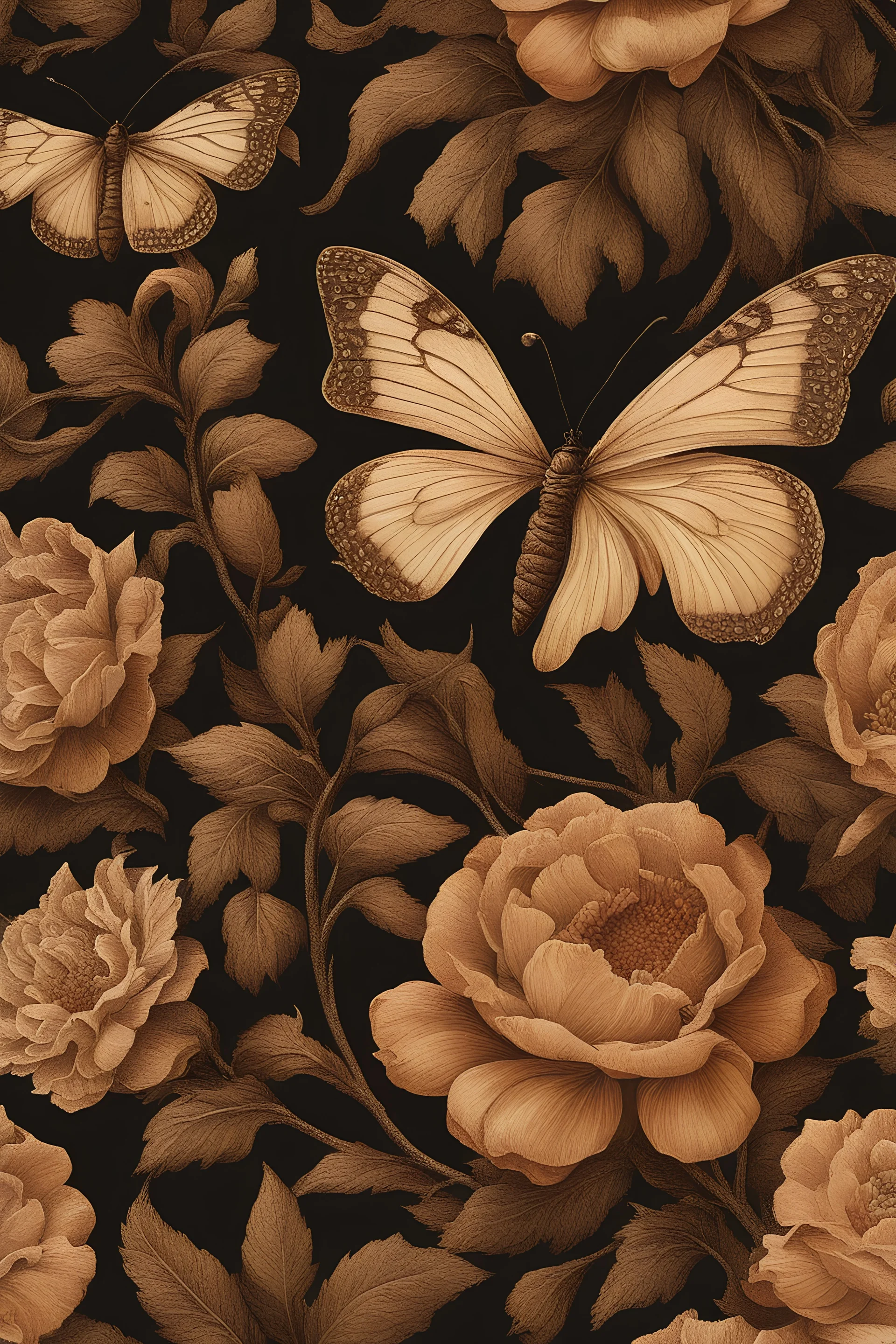 a painting of flowers and butterflies on a black background, an ultrafine detailed painting, damask, joep hommerson, brown flowers, ffffound, warm and soft and subdued colors, instagram picture, beautiful image