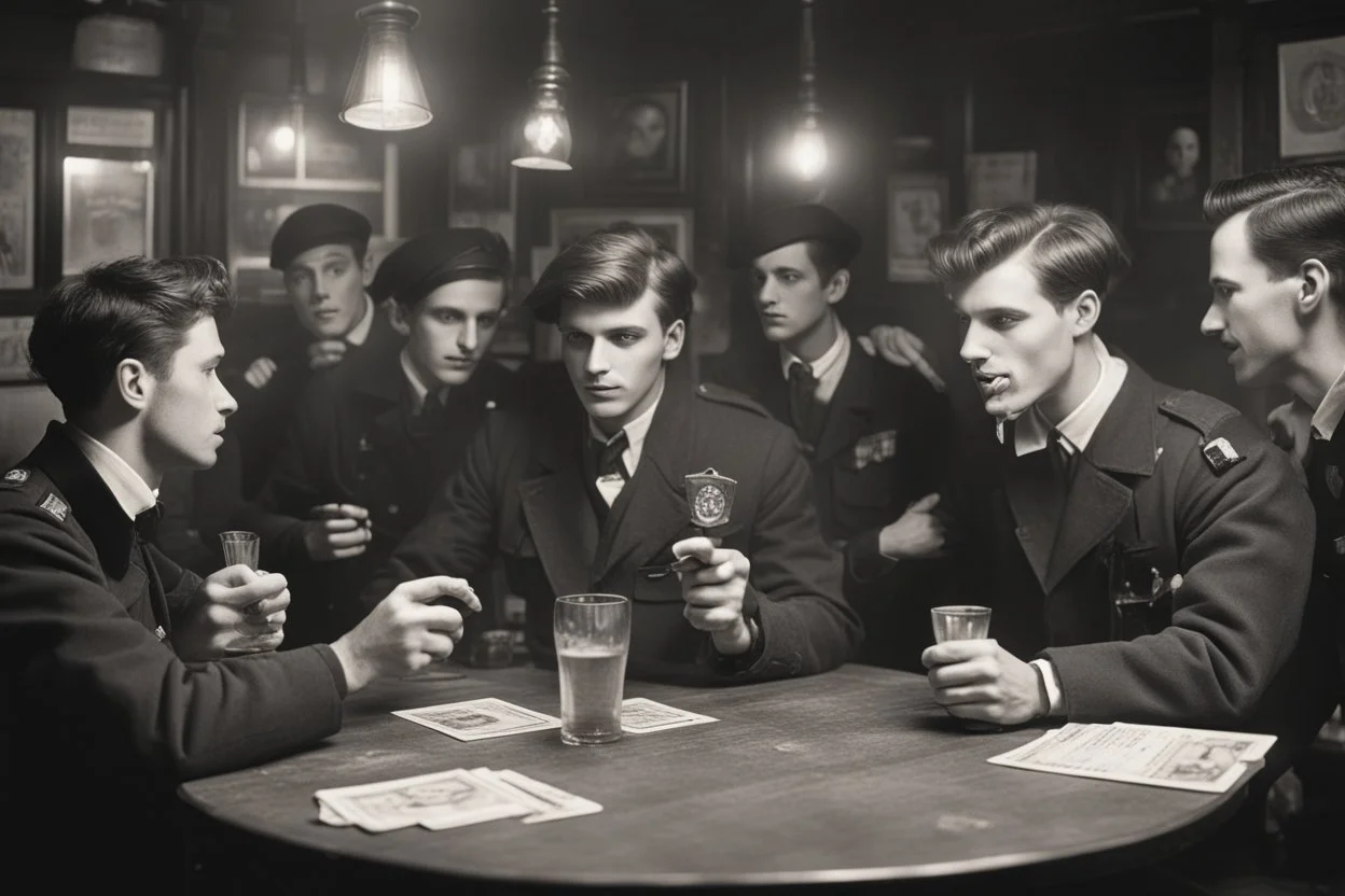 Smoky pub, cheerful young men drinking around a table, a policeman looking thoughtfully at the ID card of one of the boys, lamplight