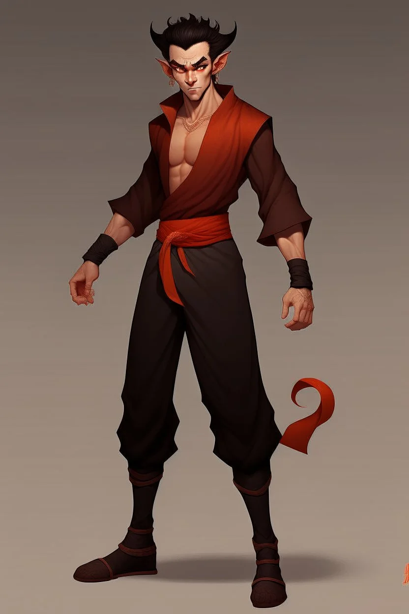 Full Body, Male Tiefling, monk, body shape as Super Sayin Goku, boxer pose, dark outfit colour theme, HD