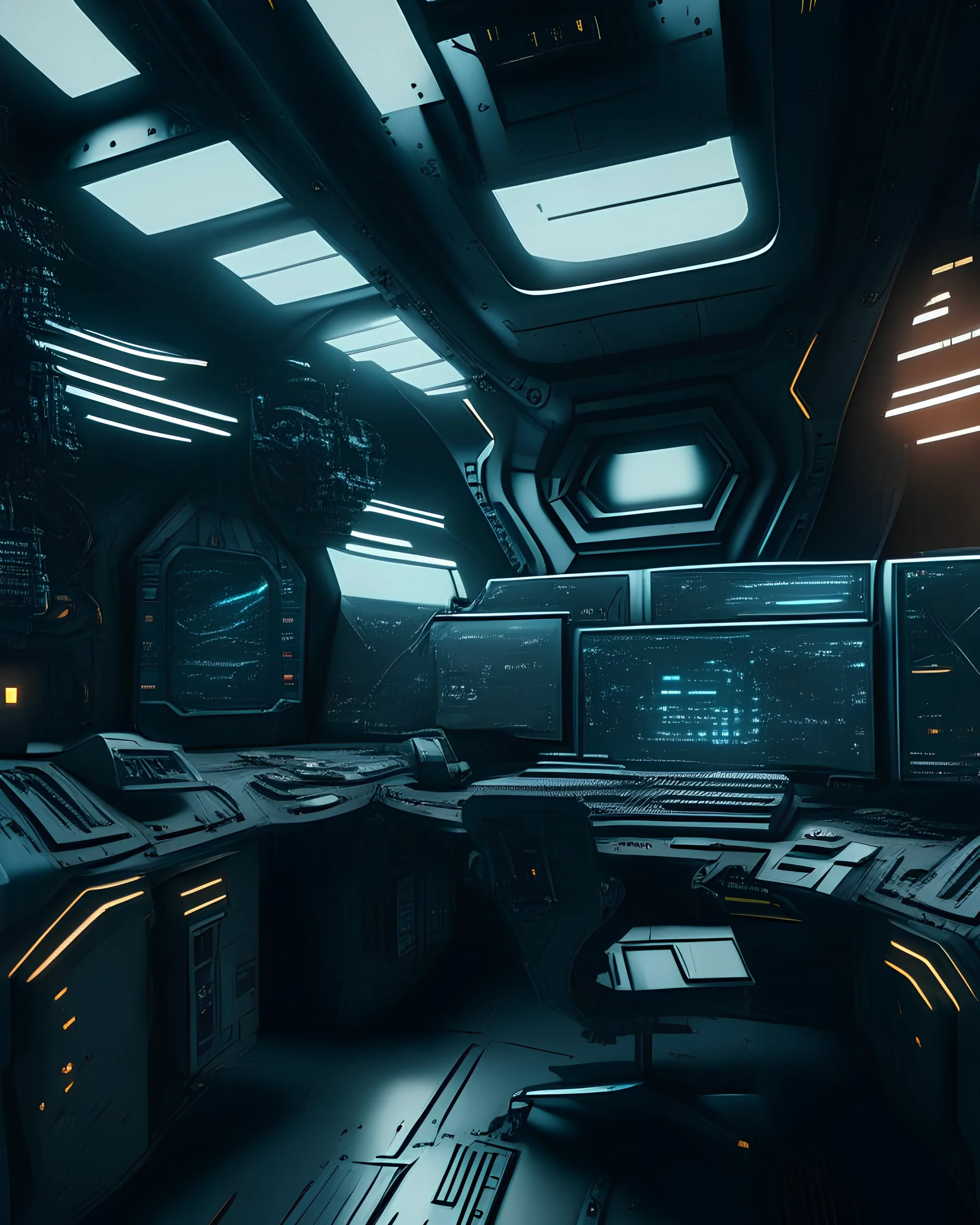 Futuristic scifi black interior of office shuttle with computers made with engine parts dysoptia cyberage HAWKEN postapocalyptic dysoptia scene photorealistic uhd 8k VRAY highly detailed HDR