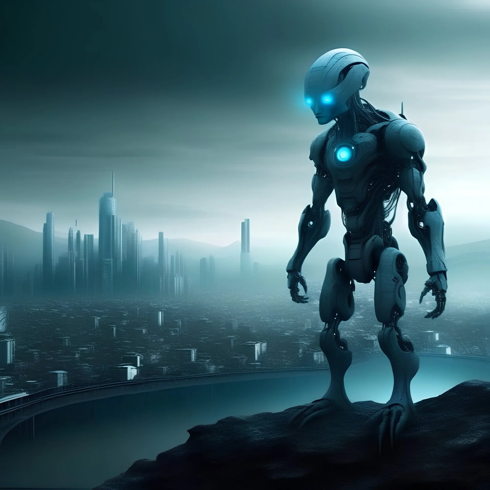 evil electronic humanoid in an alien landscape. city in the distance