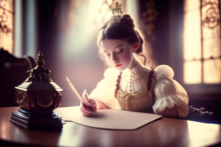 cute chibi contented victorian princess writing a letter in a victorian room in sunshine, ethereal, cinematic postprocessing, dof, bokeh