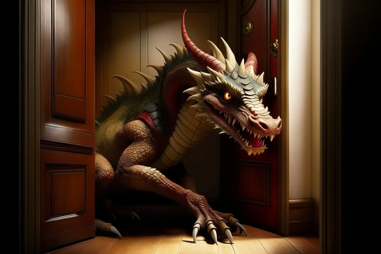 A real good dragon knocks on the door of a child's room, realism photographic,