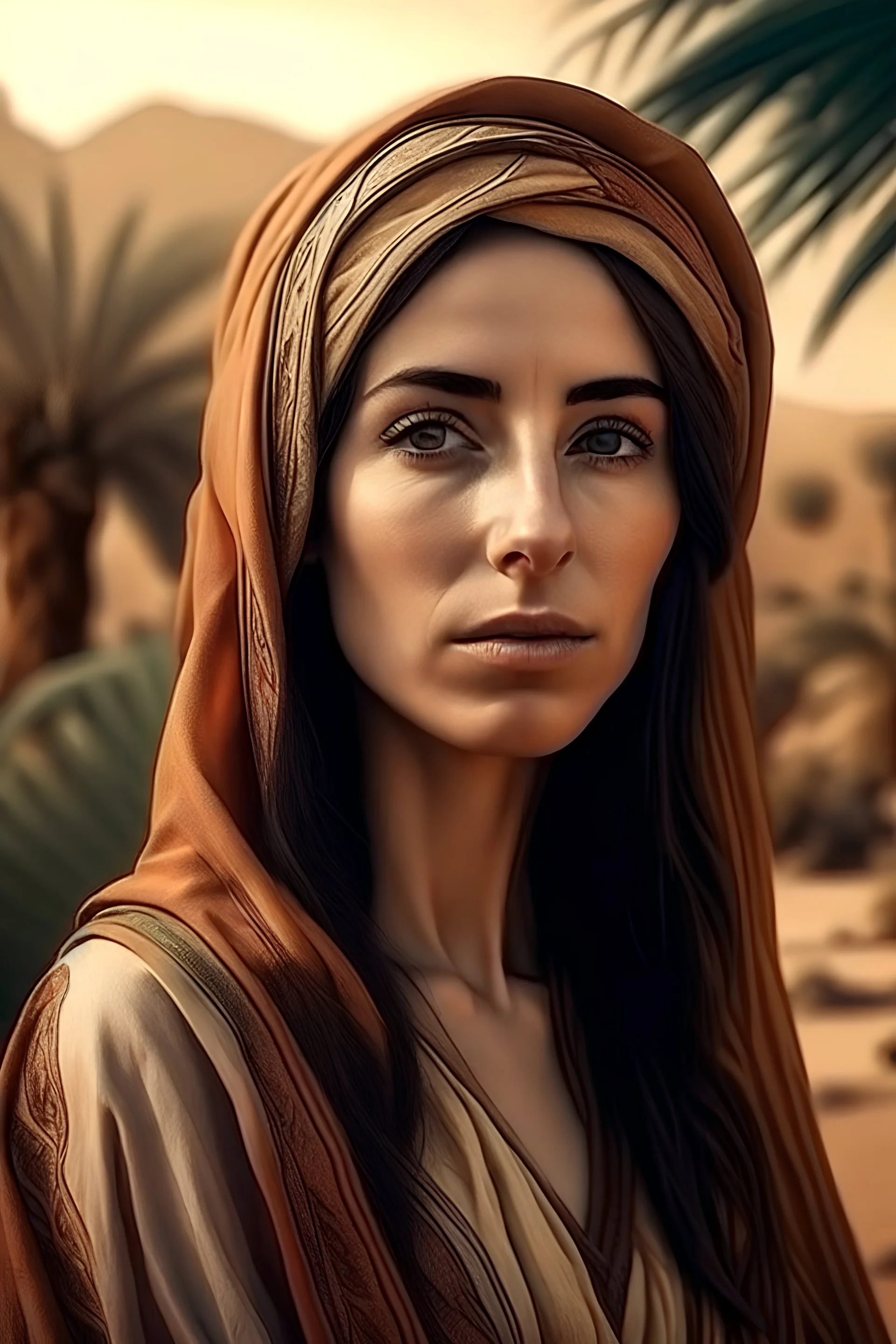 photo of a beautiful woman from the time of the Prophet Musa with a beautiful face wearing ancient Muslim clothing with a rocky desert background of date palm trees