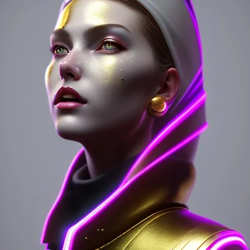 Russian woman, painted face, rounded face, glow, trap style, black, gold, pink, cold, latex coat, leather, nose piercing, soft color, highly detailed, art stations, concept art, smooth, unreal engine 5, god rays, ray tracing, RTX, lumen lighting, ultra detail, volumetric lighting, 3d, finely drawn, high definition, high resolution, neon background.