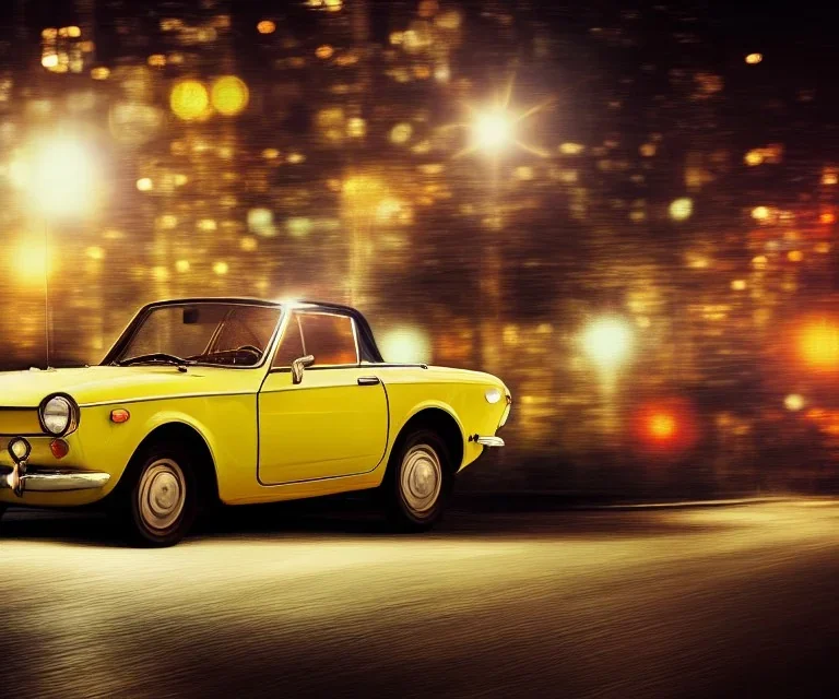 fiat 125p, city. high speed. bokeh. lens flare. warm lights. high detailed. oil on canvas