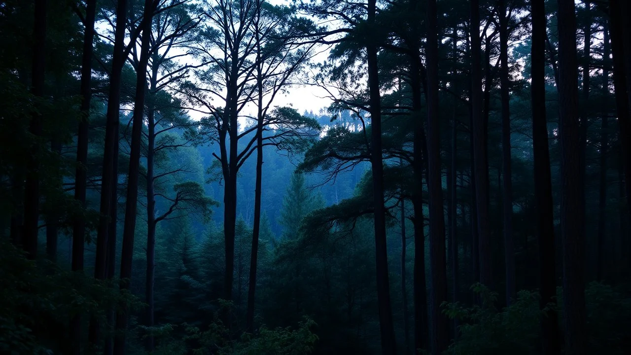 Create an image of a dense forest landscape at dusk with soft, fading light filtering through the trees. The atmosphere should be light with shades of green and blue.