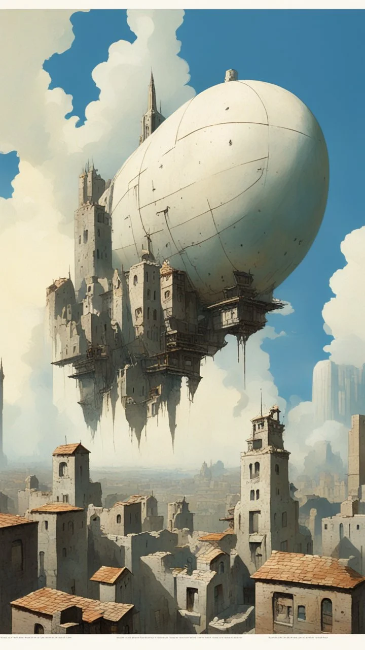 A small futuristic city in the ruins of an old building, blue sky, in the style of Gerald Brom and John Berkey, a large blimp floats above buildings, a house is made from concrete blocks, there is graffiti on walls, several tall towers with white spires tower over the scene. --ar 91:128 --v 6. 0