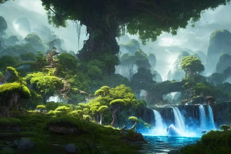 Art by Dylan cole and Eddie mendoza, Avatar concept art, pandora, hovering island with waterfall, landscape, ultra-wide angle, ultra realistic, unreal engine 5, 8 k uhd, art station, volumetric lighting, beautiful, sharp focus, ultra detailed, concept art, studio quality