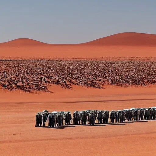 A caravan of robots walking in line in Sahara by arik roper