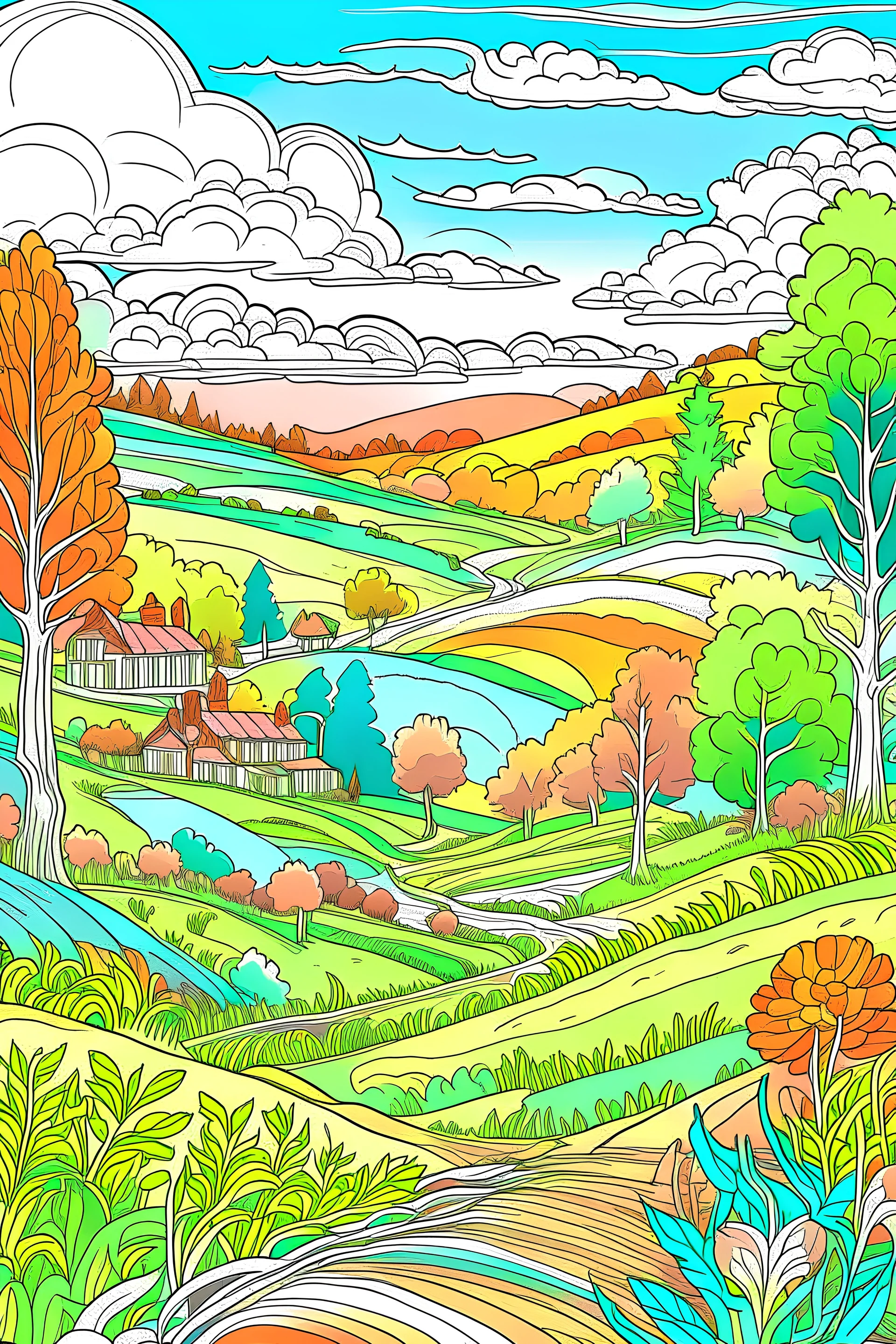 a colouring illustration of a landscape