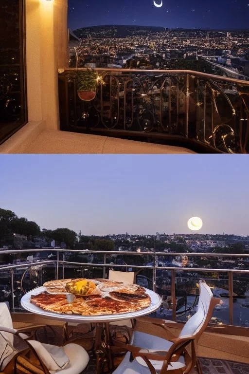 It's a starry night, with a luminous crescent moon, and from the balcony of an elegant luxury apartment, a view of a city with a hill and a river, lights in the windows of the houses. On the balcony, a dining table with a tray with a bird pattern, pizza and wine in starlight