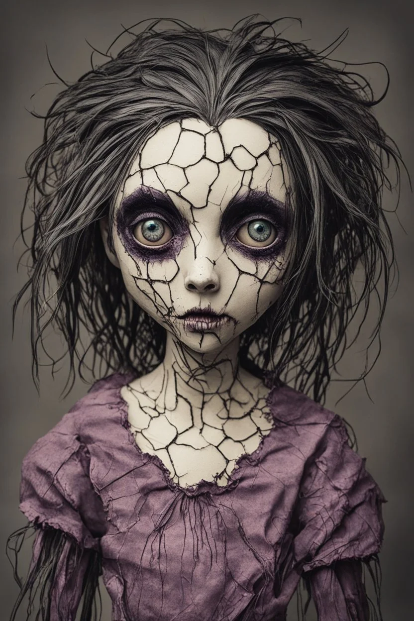 full color, illustration of a dark, menacing, monster girl, as a decayed, broken, crude homemade cloth doll toy, with a narrow cracked porcelain face, thick dark eyebrows, hair made from ragged strips of cloth, in the style of Alex Pardee, Tim Burton, and Nadya Sheremet