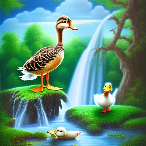 a child's drawing of a duck and a waterfall