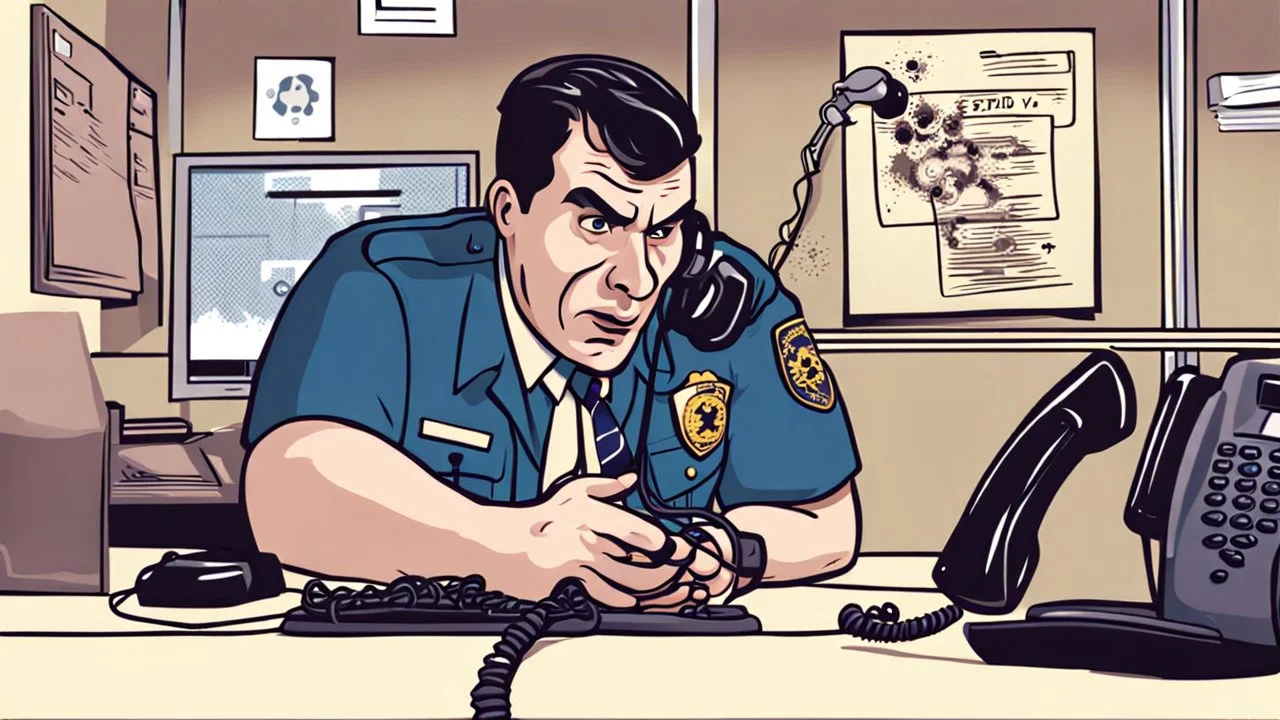 male cop dispatcher deals with evil virus crawling out of the phone handset