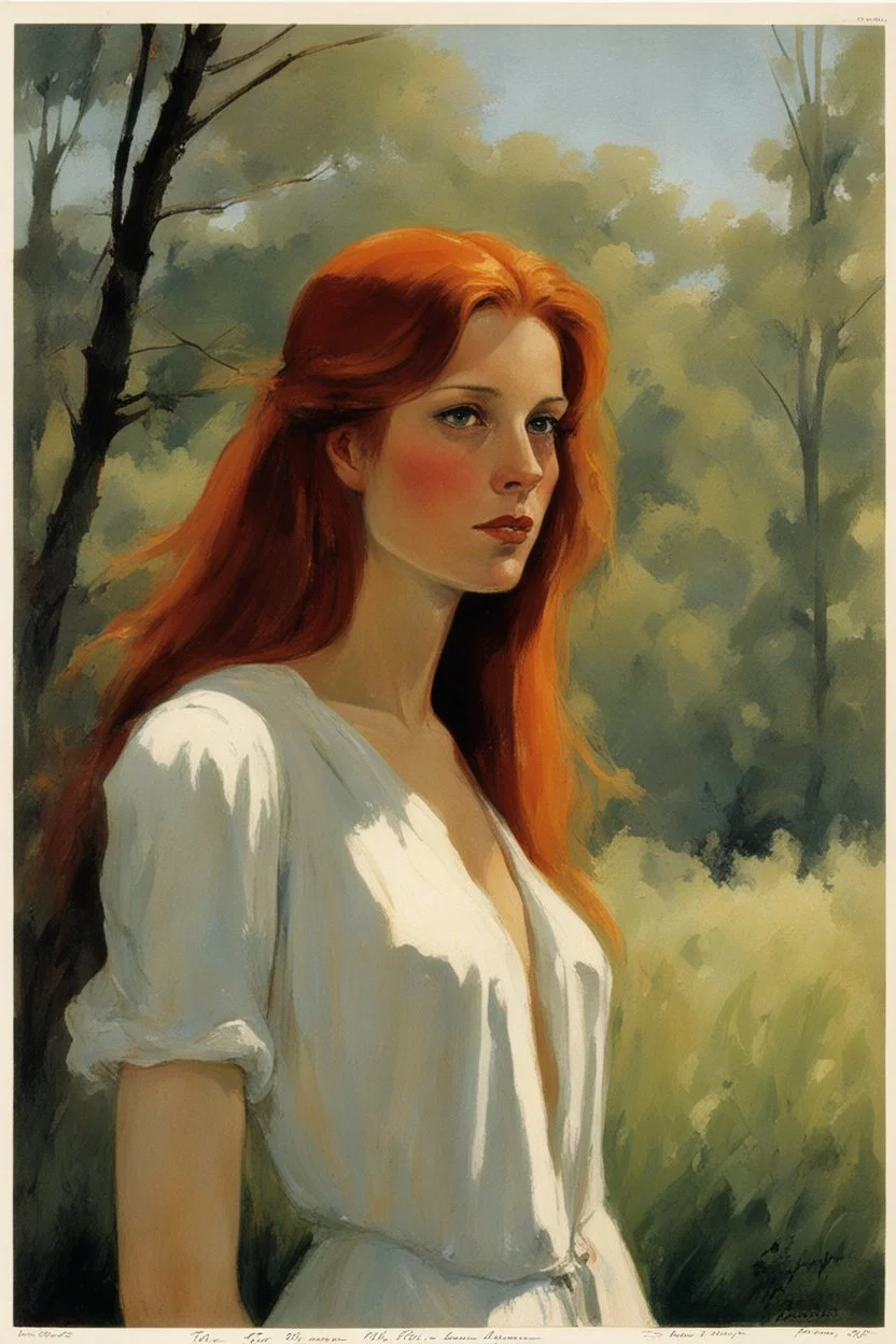 full body and headshot of a skinny young woman, with long straight red hair, standing in an open field, surrounded by trees, Frank Franzetta