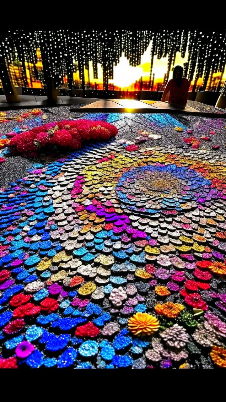 "Midnight Serenade unique" low view angle shot down sunset large close up a beautiful street with colorful wild flowers on both sides , granite terrazzo motifs with puzzle modern , clothing is decorated with colorful filigree abstract, Collage chutes papiers magazines,Spirograph background by Nisa Kiley, Textile Artist،