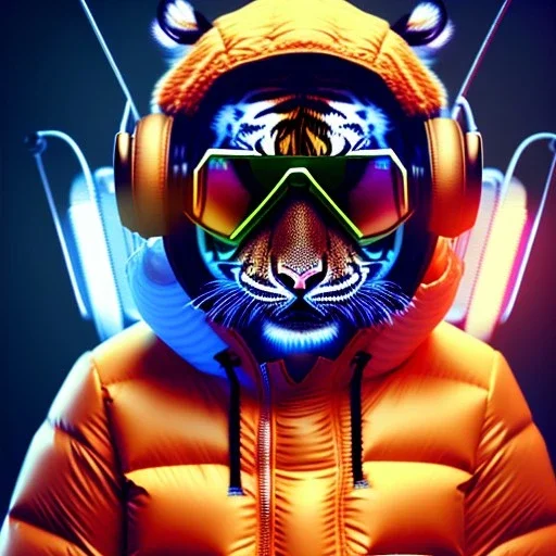 Tiger toddler, smile, cyberpunk headphone, sunglass, gangsta neckless, full body, orange puffer jacket, tokio background, dramatic lighting, hyper realistic, unreal engine 5, 16k