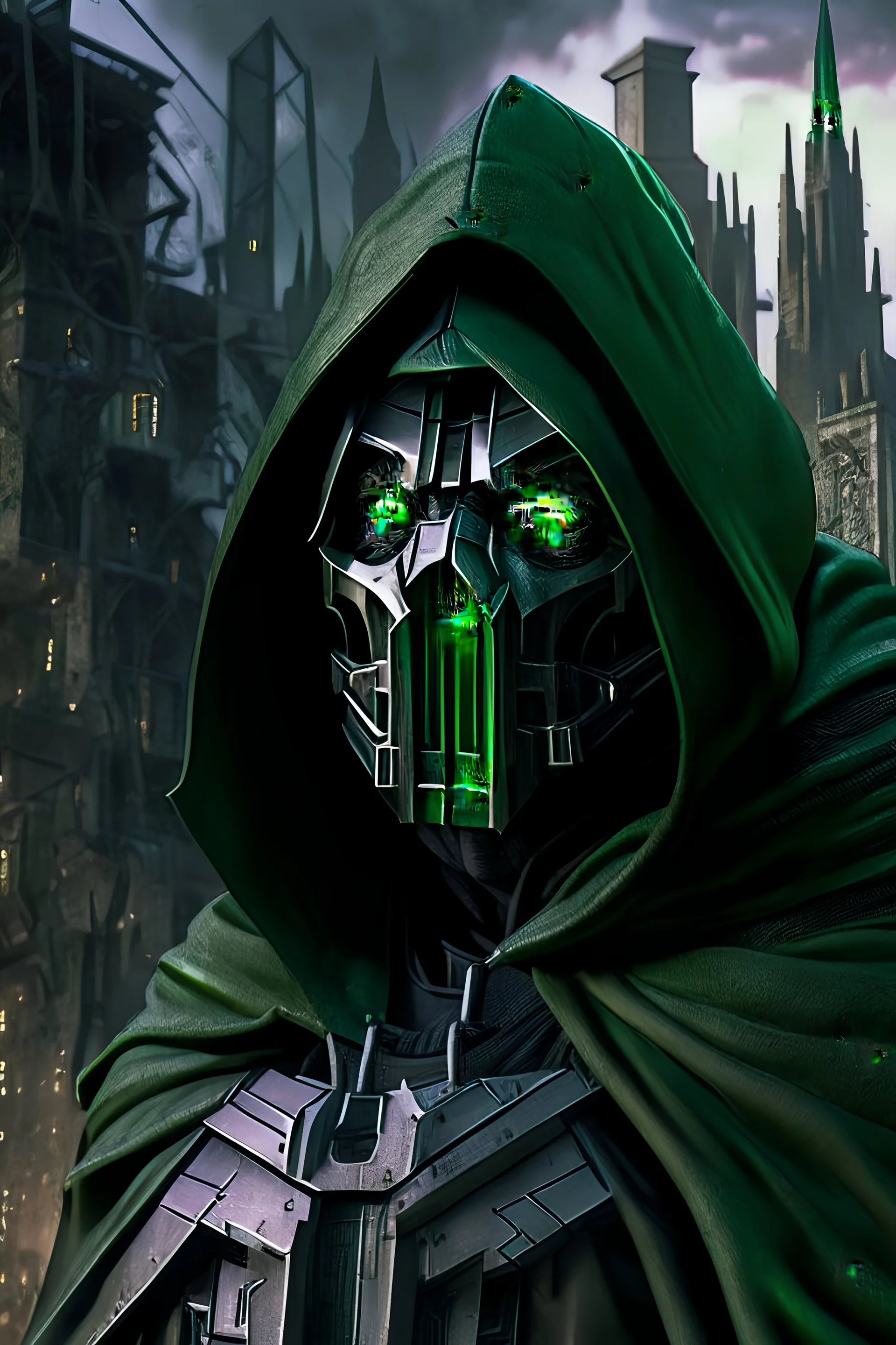 10k Hyper realistic detailed Dr Doom in the futuristic cyber punk themes medieval city of Latveria