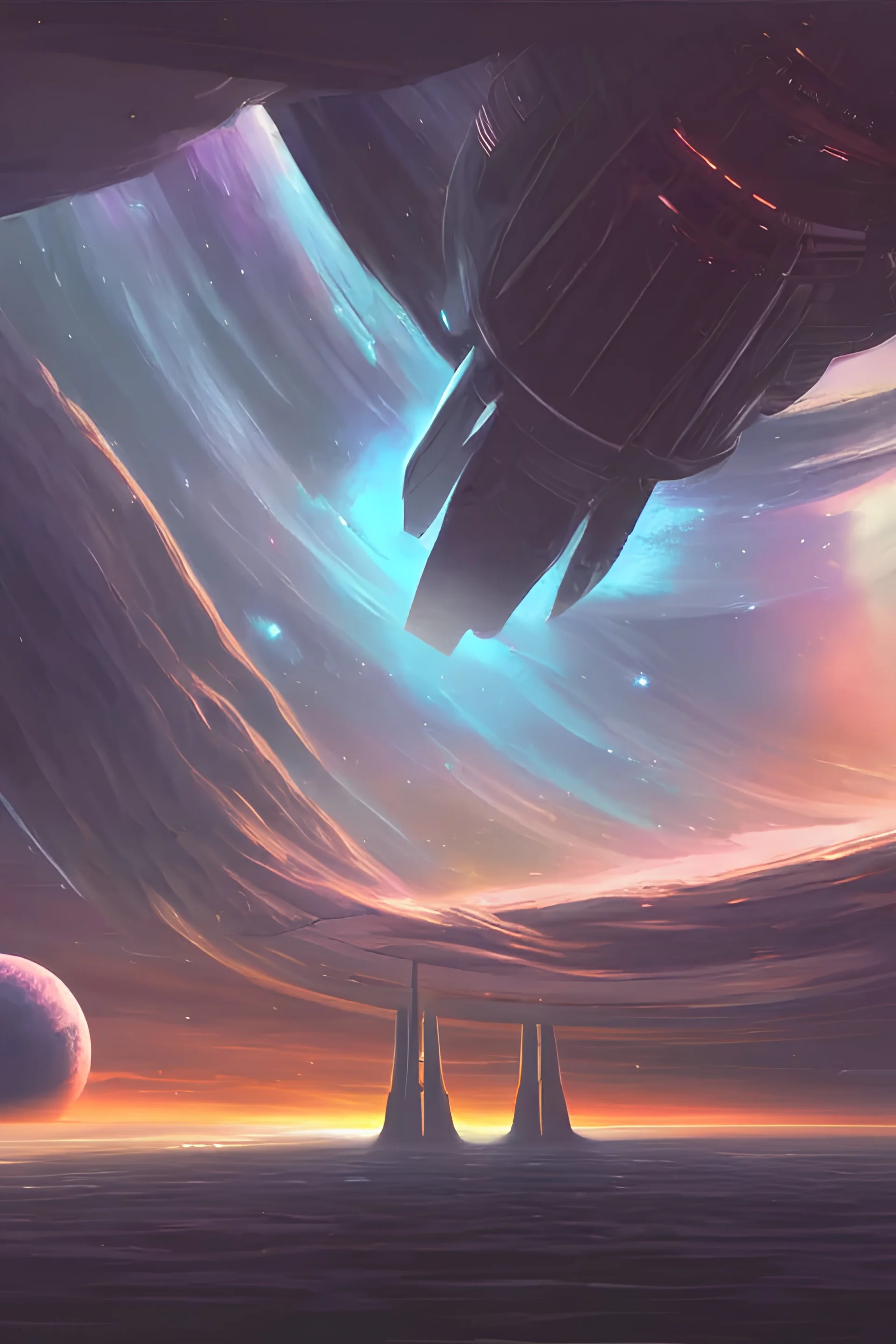 a wide shot of a starship floating in space near a gas giant with an undersized devil's tower integrated into the structure of the ship, cinematic lighting, detailed, cell shaded, 4 k, warm colours, concept art, by wlop, ilya kuvshinov, artgerm, krenz cushart, greg rutkowski, pixiv. cinematic dramatic atmosphere, sharp focus, volumetric lighting, cinematic lighting, studio quality