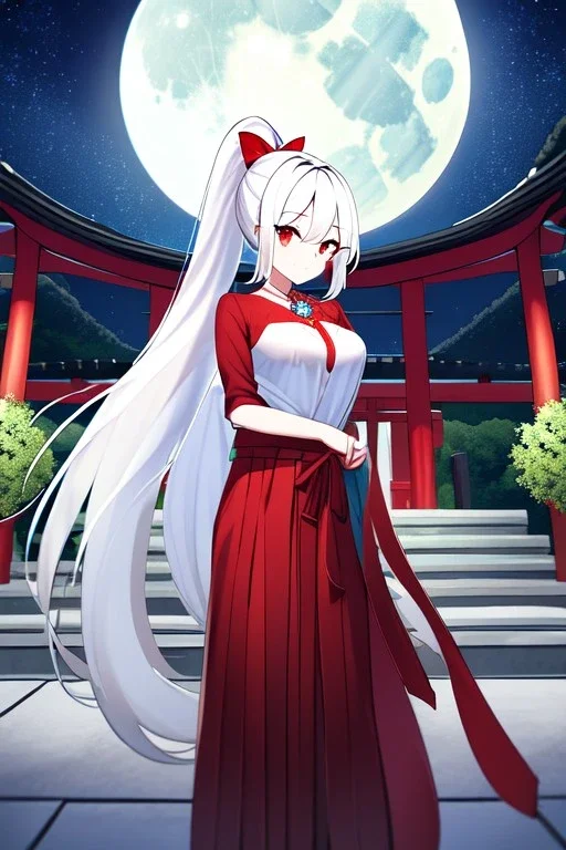 girl, masterpiece, best quality, cinematic lighting, detailed outfit, vibrant colors, perfect eyes, white hair, very long hair, ponytail, red eyes, hakama, shrine, moon, starry sky, plants, stone walkway, lamppost, butterflies,