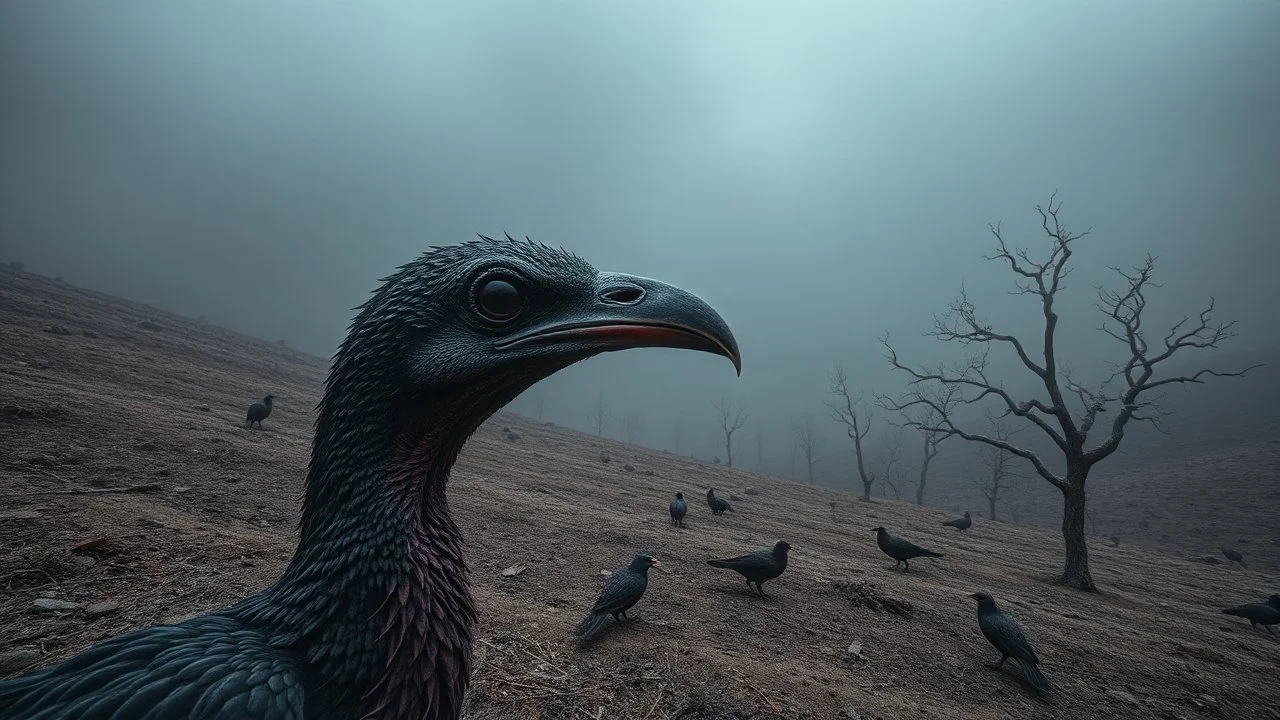 close up weird crepy bird head, and far away Birds and trees in alternative surreal barren, dry, gloomy world, nightmare in abyss, deep vortex, black, gray, purple, brown, silver, dark red colors, surreal, weird dark fantasy, deep dark colors, sharp lines, crepy stunning, high detalied, weird, fog, shadows, realistic, surreal, highly detailed, melancholic thriller mood
