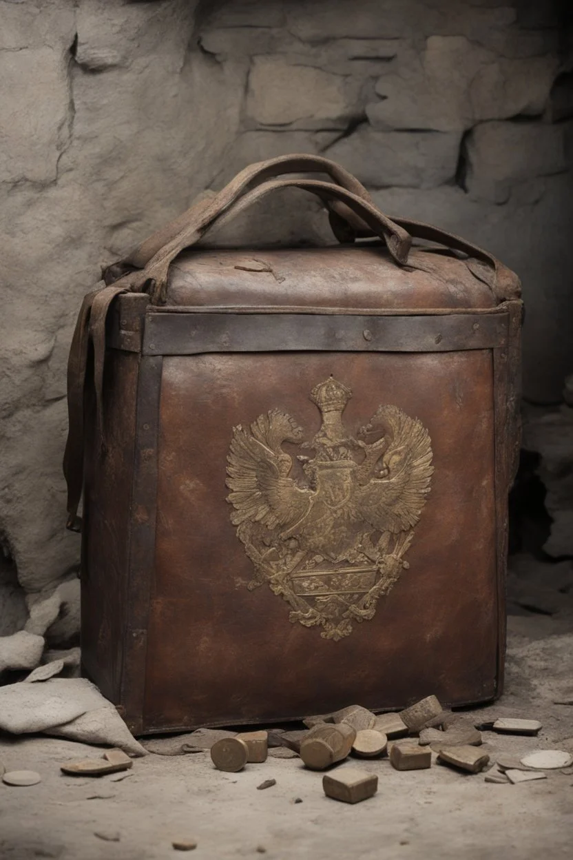 in the BASEMENT there is an old, broken brown oblong leather chest with short handles, from which gold coins from the time of Catherine the Great fall out. The ancient coat of arms of tsarist Russia, the double-headed eagle, is BARELY VISIBLE on the bag. There are a lot of broken bricks and earth around the bag. All in high quality 8K