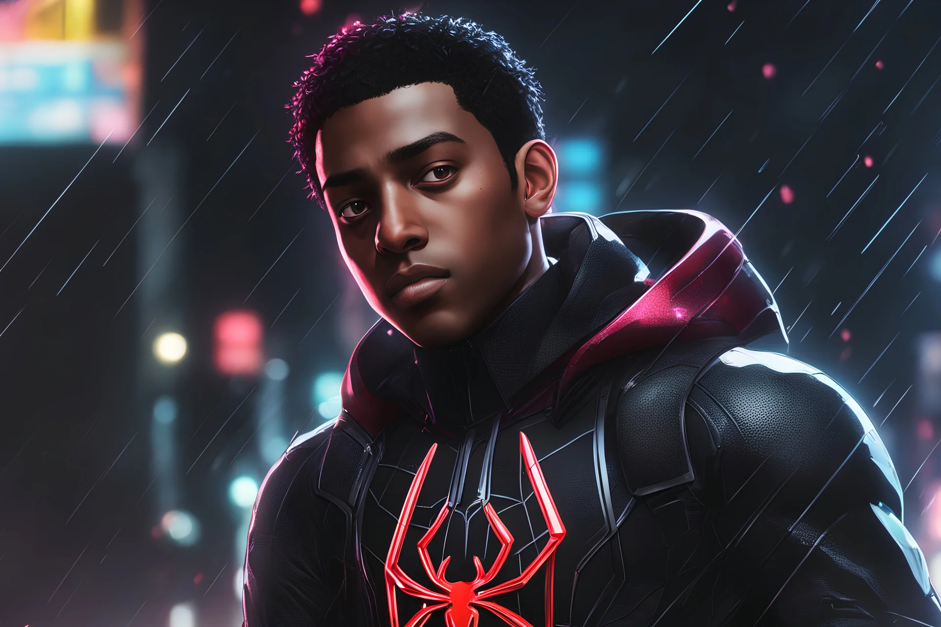 Miles morales in 8k nier automata drawing style, spider man them, cinematic mood, neon effect, close picture, rain, highly detailed, high details, detailed portrait, masterpiece,ultra detailed, ultra quality
