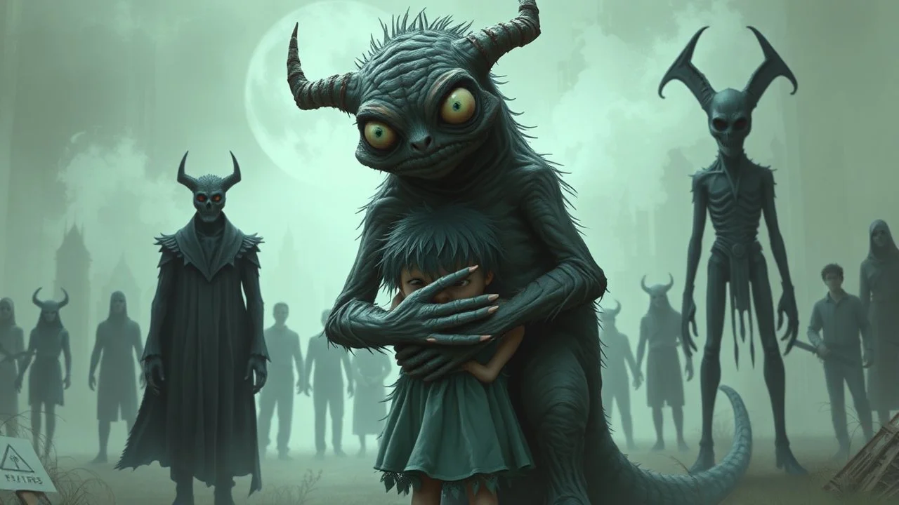 gentle, protective monster protects and hugs the alone sad child against bad tall dark evil people, random background , highly detailed, weird , surreal mood