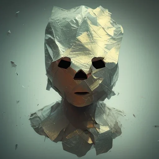 rendered in blender trash bag on his head and crumpled paper as a texture, collage paper and tape, slit - scan photography, high resolution, cinematic, unreal 6, breathtaking detailed