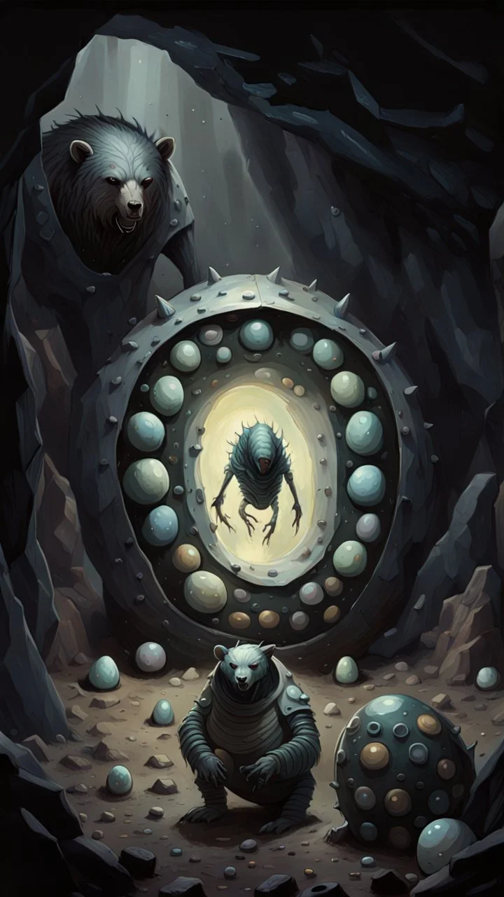 Dark fantasy painting art style. A man-sized, iridescent, naturally armored hexapod larvae. A child-sized, gray, apodous creature with a segmented, rotund torso. A bear-sized, black, apodous creature with a segmented, rotund torso surrounded by alien eggs. Within a pitch black cave