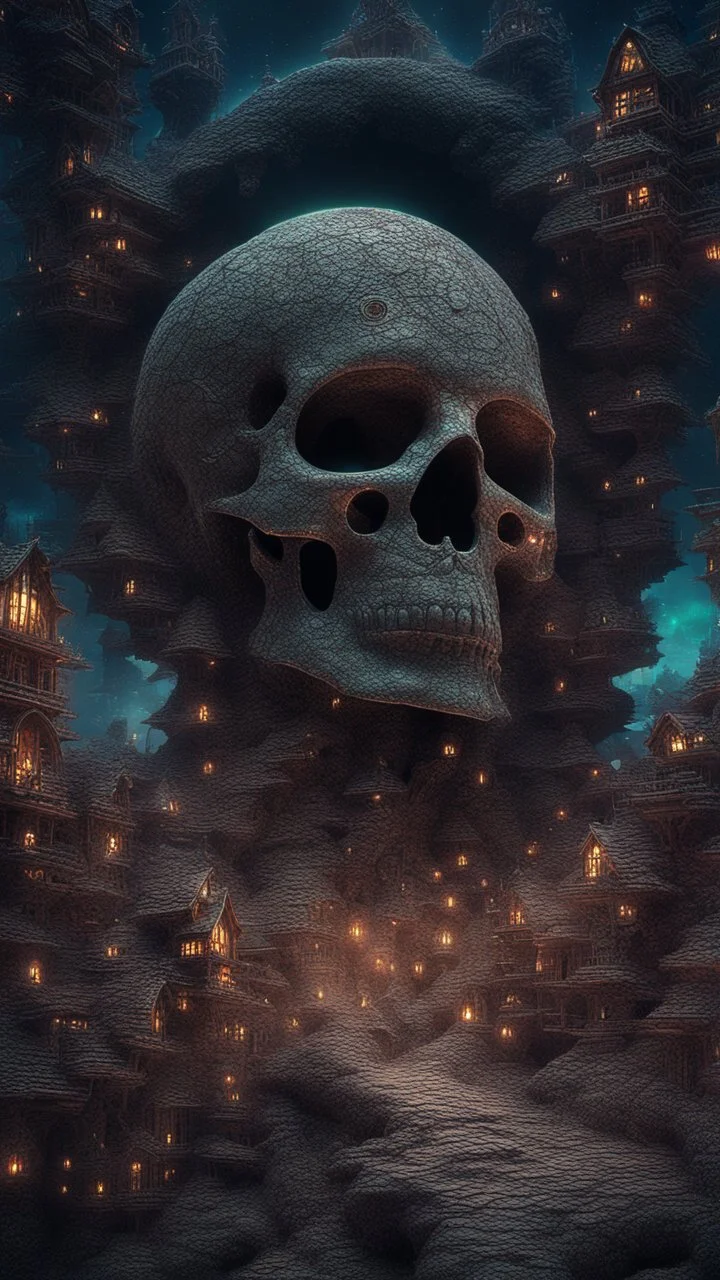 an epic extremely detailed of an intricate tiny faerie village inside a giant glowing skull, 8k resolution, fantasy concept art, dynamic lighting, cinematic, epic glowing galaxy background, deep depth of field, 3D, constellation map, fractal crack effect, 16k resolution photorealistic, bokeh, a masterpiece by Alberto Seveso, breathtaking intricate details, realistic and lifelike cgi diorama, dramatic natural lighting, reflective catchlights, high quality CGI VFX fine art