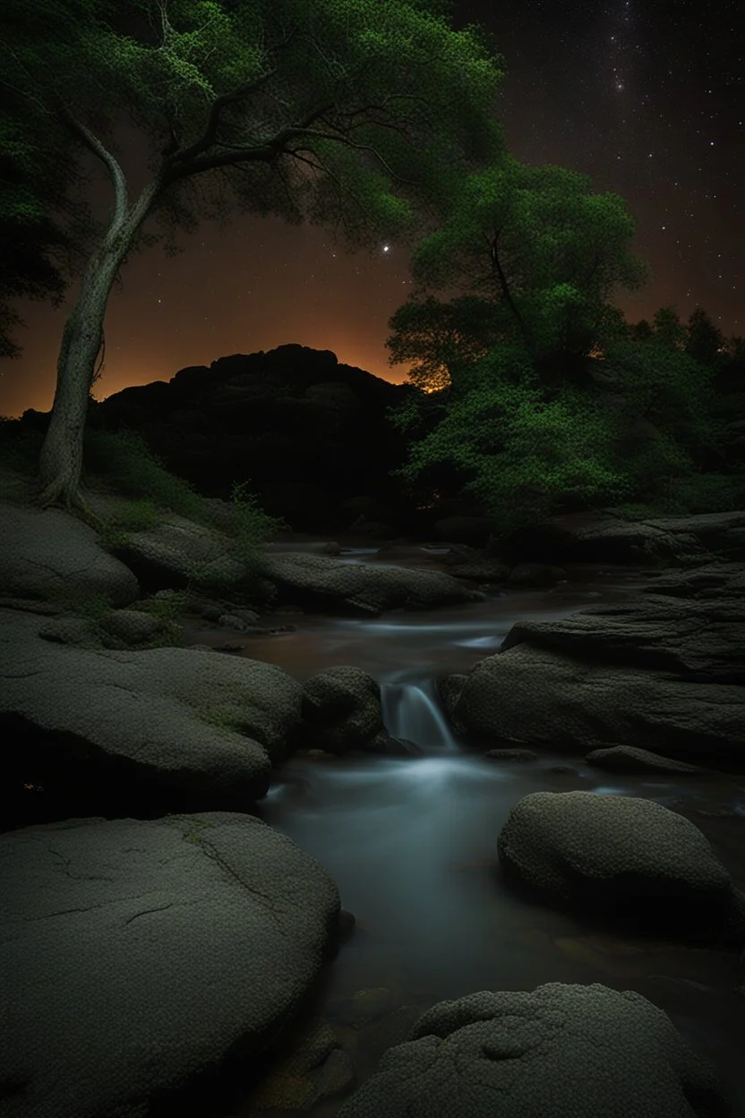 Night, trees, rocks, mountains, photography