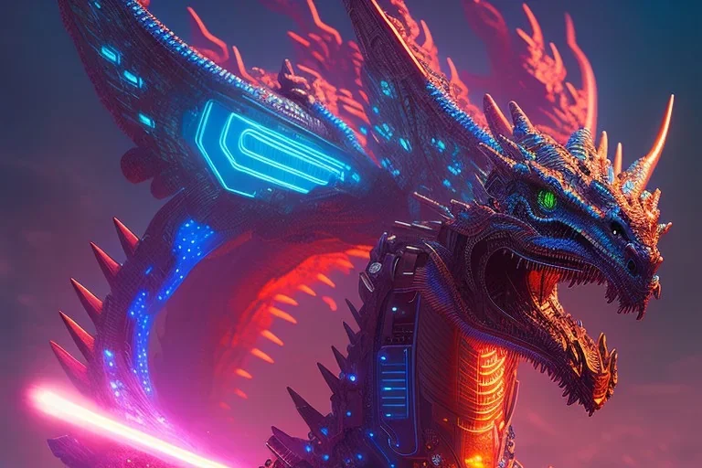 cyberpunk dragon, cyberpunk, full body, realistic, intricately detailed, neon lighting, vivid colors, neon, futuristic, meticulously detailed