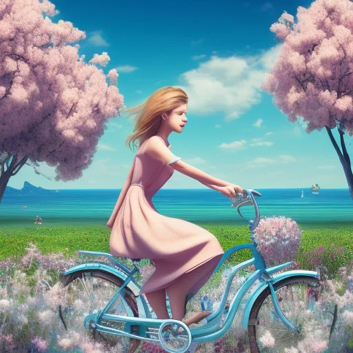 A girl is riding a bicycle on the beach. His cat is sitting in the front basket of the bicycle. Spring flowers can be seen everywhere. Beautiful blue sky with white clouds - kites in the sky. sense of peace. digital art, anime, 8k, full details, colorful, high resolution