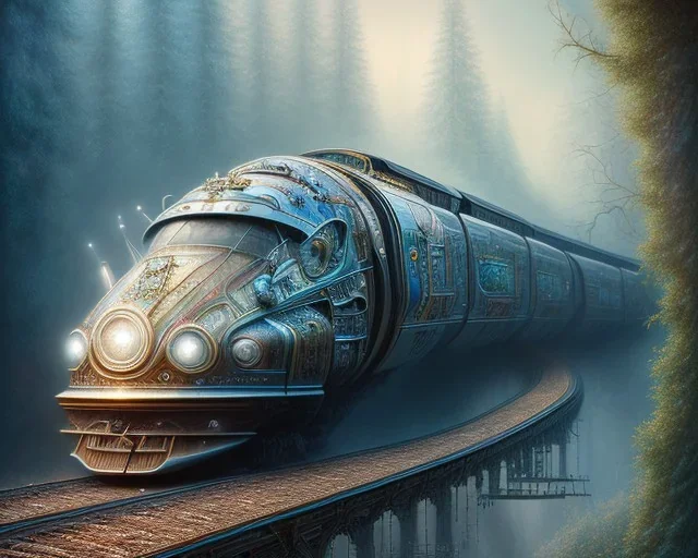 stunning hyperdetailed futuristic train; meticulously hyperdetailed train :: beautiful natural lighting :: photoillustration hyperrealism :: fantasy mixed media :: by Ian Miller By Android Jones By James Jean digital painting, digital illustration, extreme detail, digital art, 4k, ultra hd