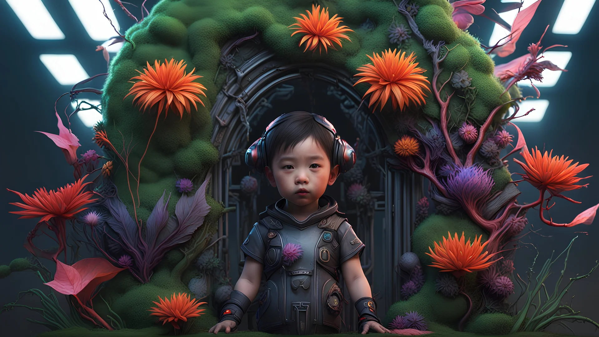 Expressively detailed and intricate 3d rendering of a hyperrealistic: asian toddler, cyberpunk plants and flowers, neon, vines, flying insect, front view, dripping colorful paint, tribalism, gothic, shamanism, cosmic fractals, dystopian, dendritic, artstation: award-winning: professional portrait: atmospheric: commanding: fantastical: clarity: 16k: ultra quality: striking: brilliance: stunning colors: amazing depth