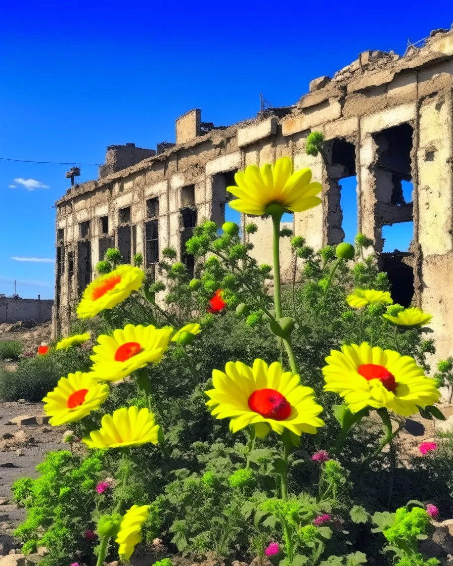 flowers of peace blooming on damaged building in war torn city