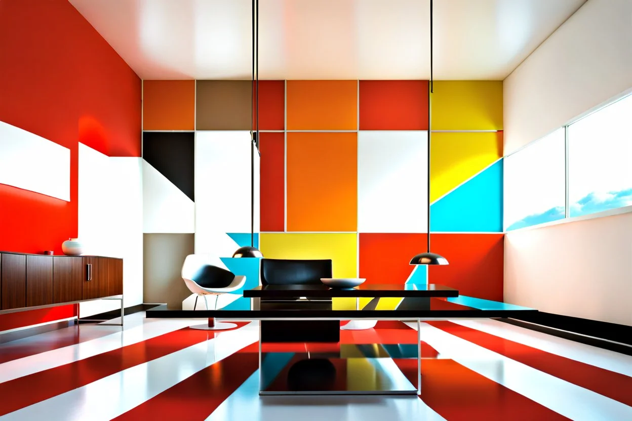 a double Bauhaus balancing in a Bauhaus room; UHD photo, photo-realism, (((great verticals))), (((great parallels))), warm colors of white, red, and sky blue