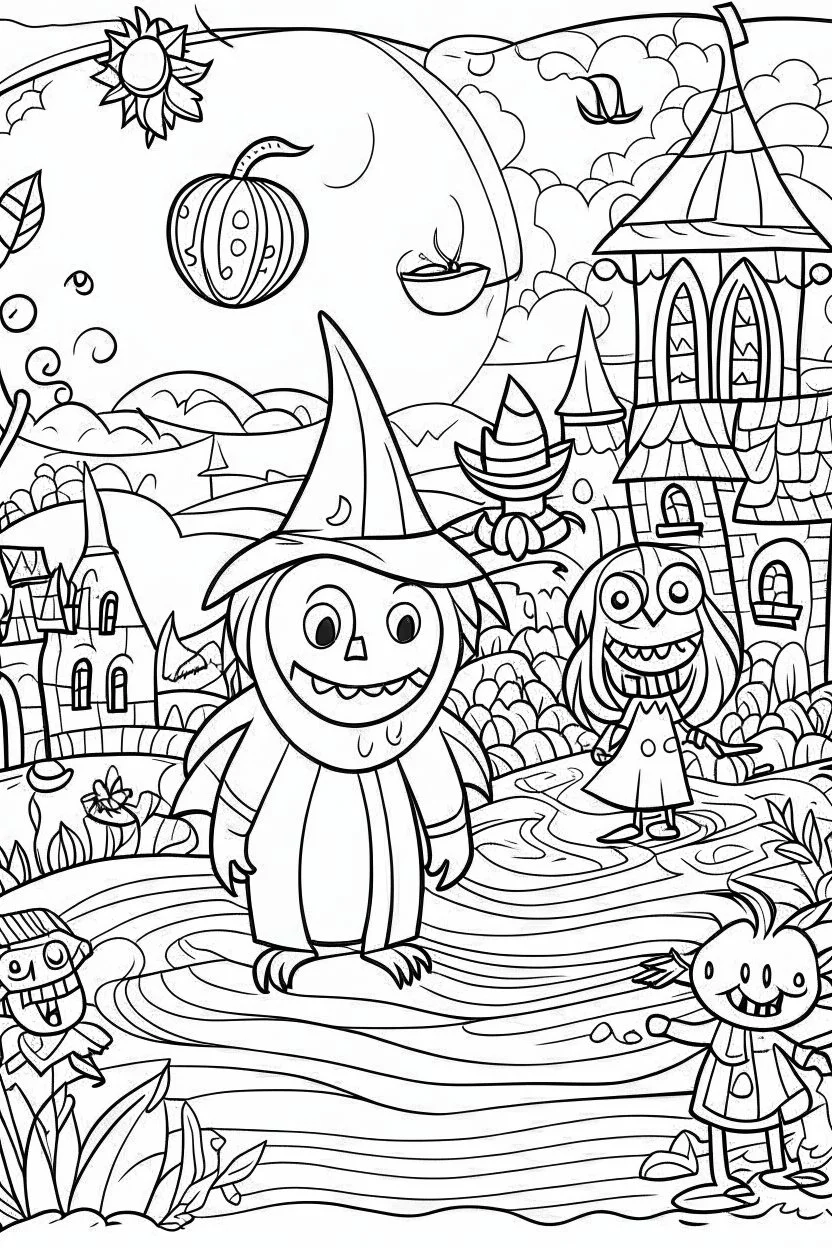 "Get ready for a spooky Halloween party with this unique coloring page illustration for kids! Featuring bold lines and highlighted ink, this sketch art will bring your imagination to life."