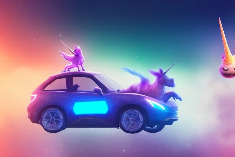 one glowing unicorn in a car in space,unicorn has carrot in mouth . nebula in the backround,