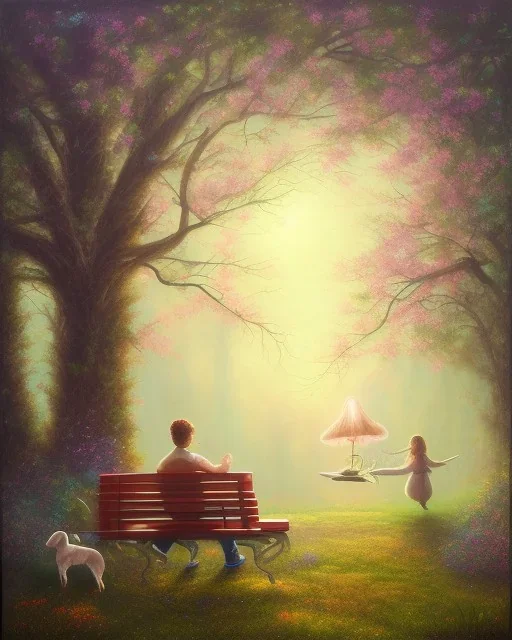 park mystical dream, park bench, man, woman, child, dog, trees, path, bird, sunshine, mystical, fantasy, romanticism, pastel colors, daylight, daytime, acrylic painting, detailed, soft focus,