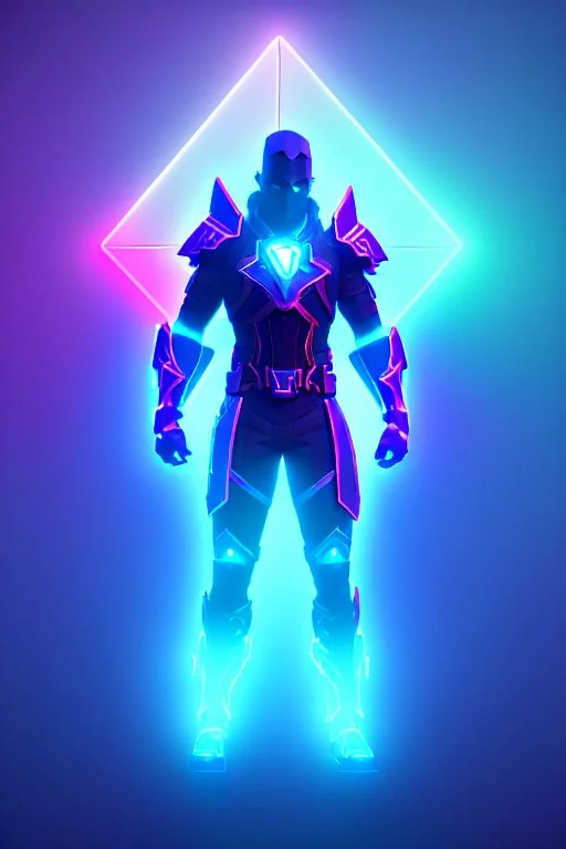 neon blue, floating triangle of light orbiting behind the back, cyber armor, geometric patterns on armor, male, orbiting triangle